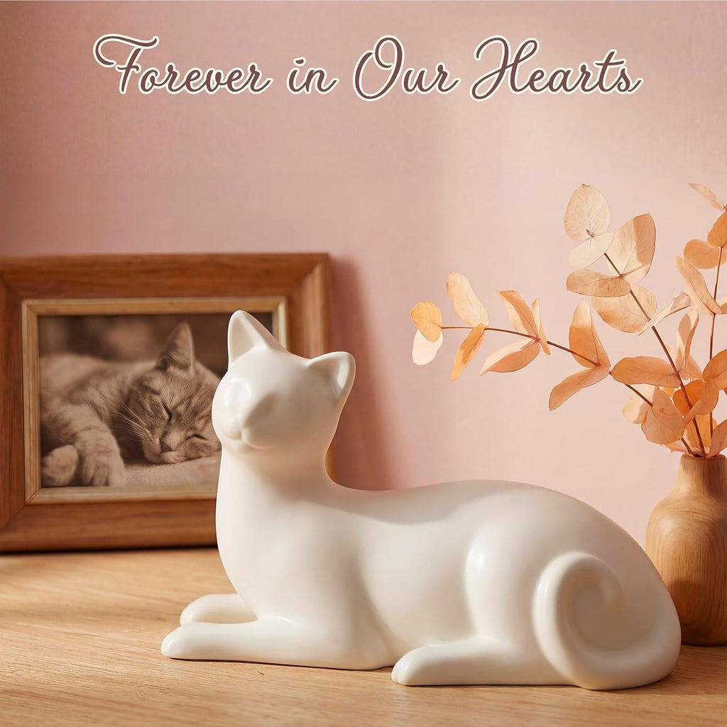 Lying Cat Urns for Ashes White Ceramic Pet Memorial Cremation, White