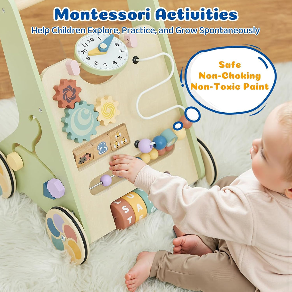 Wooden Baby Walker with Adjustable Wheels, in-1 Montessori Push Walker