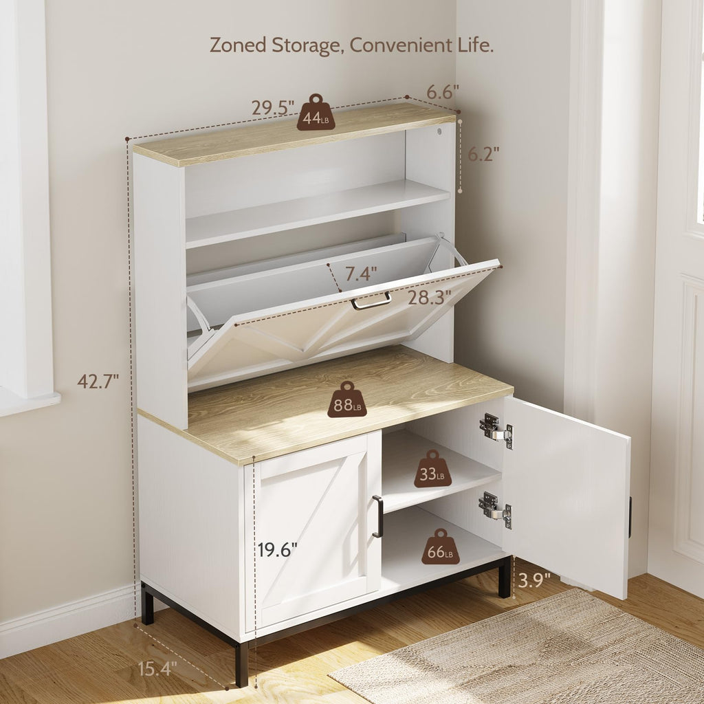 Wooden Shoe Cabinet with Flip Drawer and Doors, Narrow Shoe Rack Organizer Cabinet for Classified Storage, Farmhouse