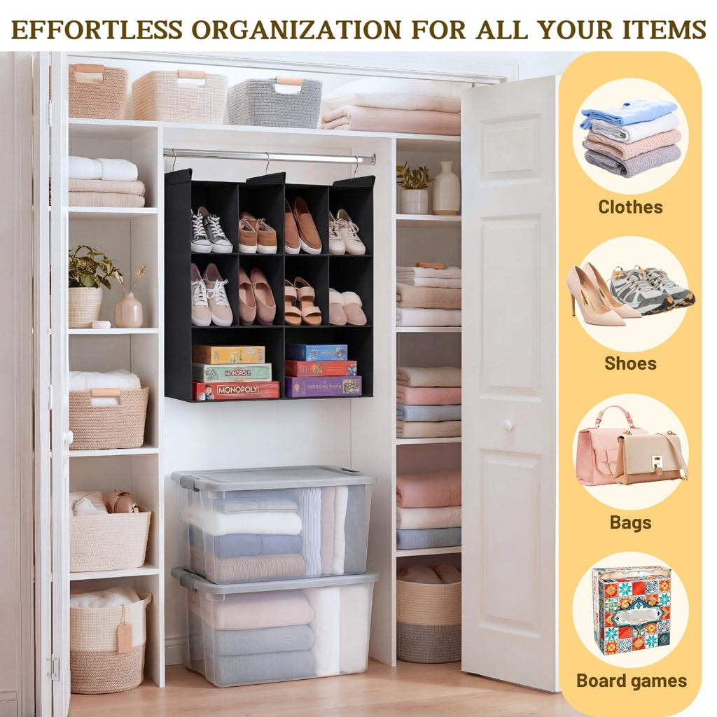 3 Tier Hanging Closet Organizer, 10 Compartments Dual Row Storage, Black