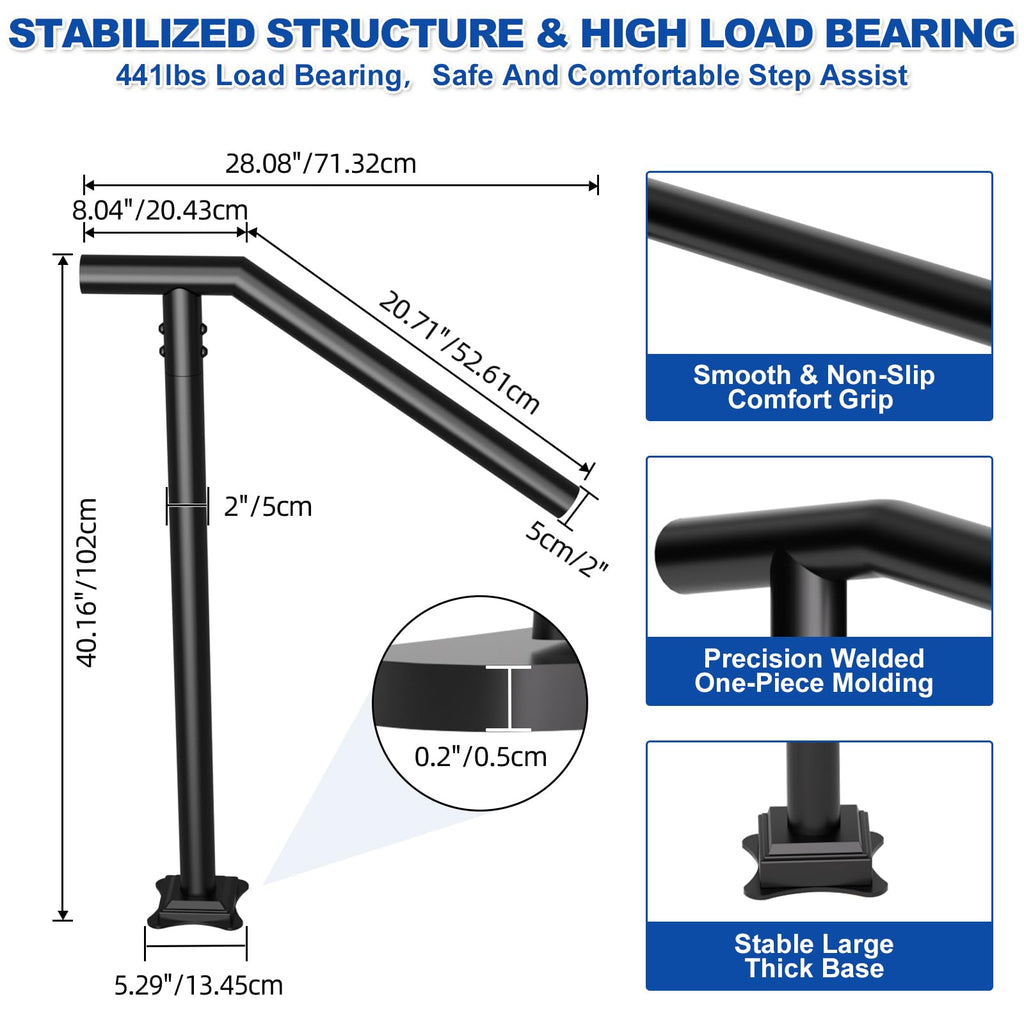 Handrails for Outdoor Step-Single Post Wrought Iron Handrail for 1-2-3 Step