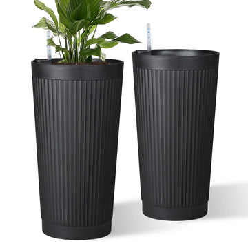 Self Watering Tall Planters Set of 2, Black Round