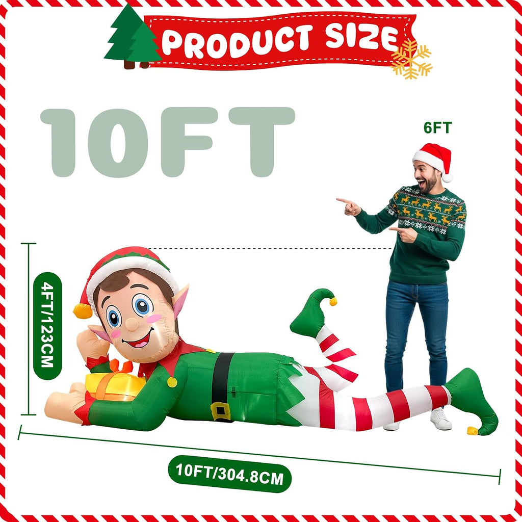 10FT Christmas Inflatable Outdoor Decoration, Giant Lying Elf Inflatable Outdoor Built-in LED Lights, Christmas Blow