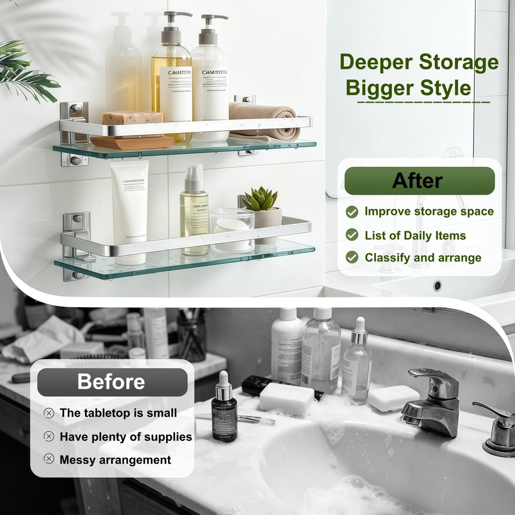 Bathroom Glass Shelf 15.7" Silver Wall-Mounted, Floating Metal Storage Rack