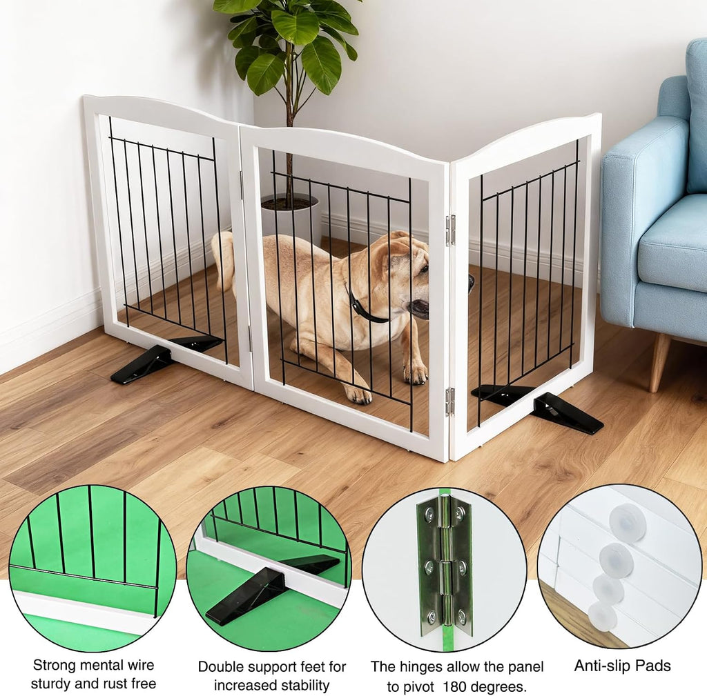 Freestanding Dog Fence Indoor, Foldable Dog Gate for Doorways, Stairs or Hallways, Sturdy Wood Extra Wide Pet Gate