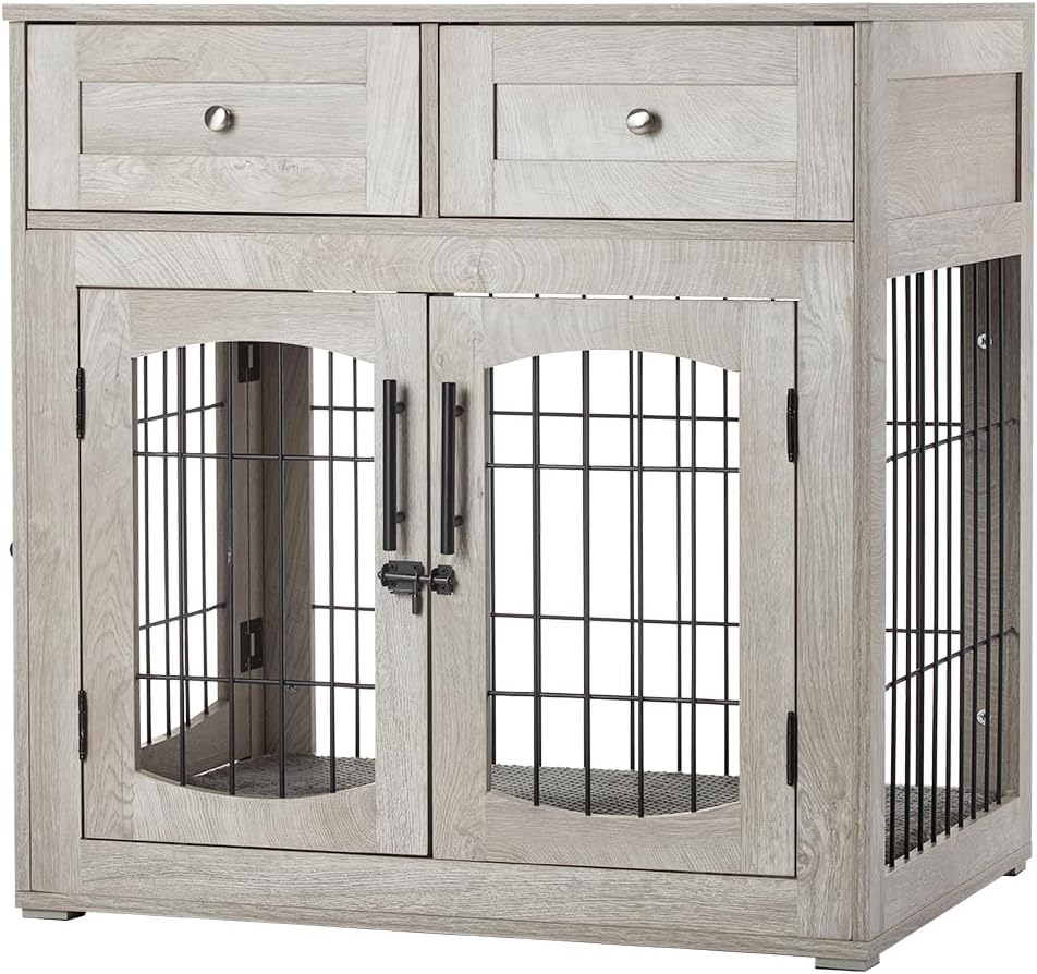 Modern Wooden Dog Crate Furniture with 3 Doors & 2 Drawers - Comes with Cushion - Indoor Dog Kennel End Table