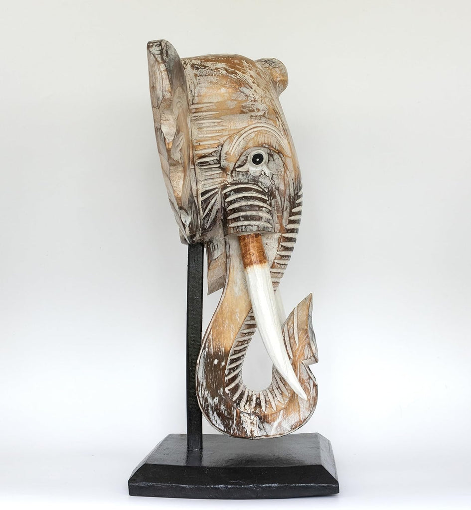 14" Exotic Handcrafted Wooden White Wash Elephant Mask Bust Statue on Stand Sculpture Home Decor Hand Carved Art