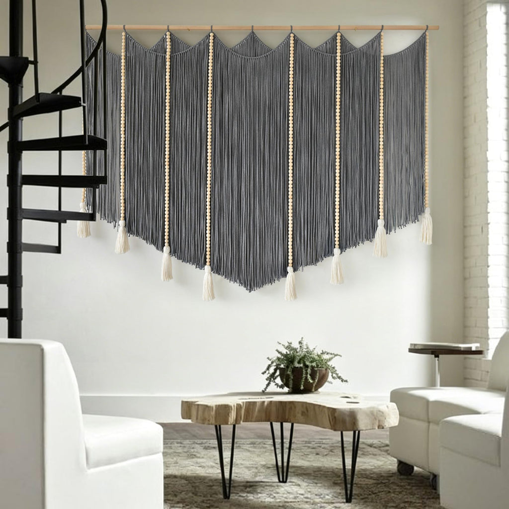 Macrame Wall Hanging Grey Woven Yarn Large Boho Wall Art 57" x 43"