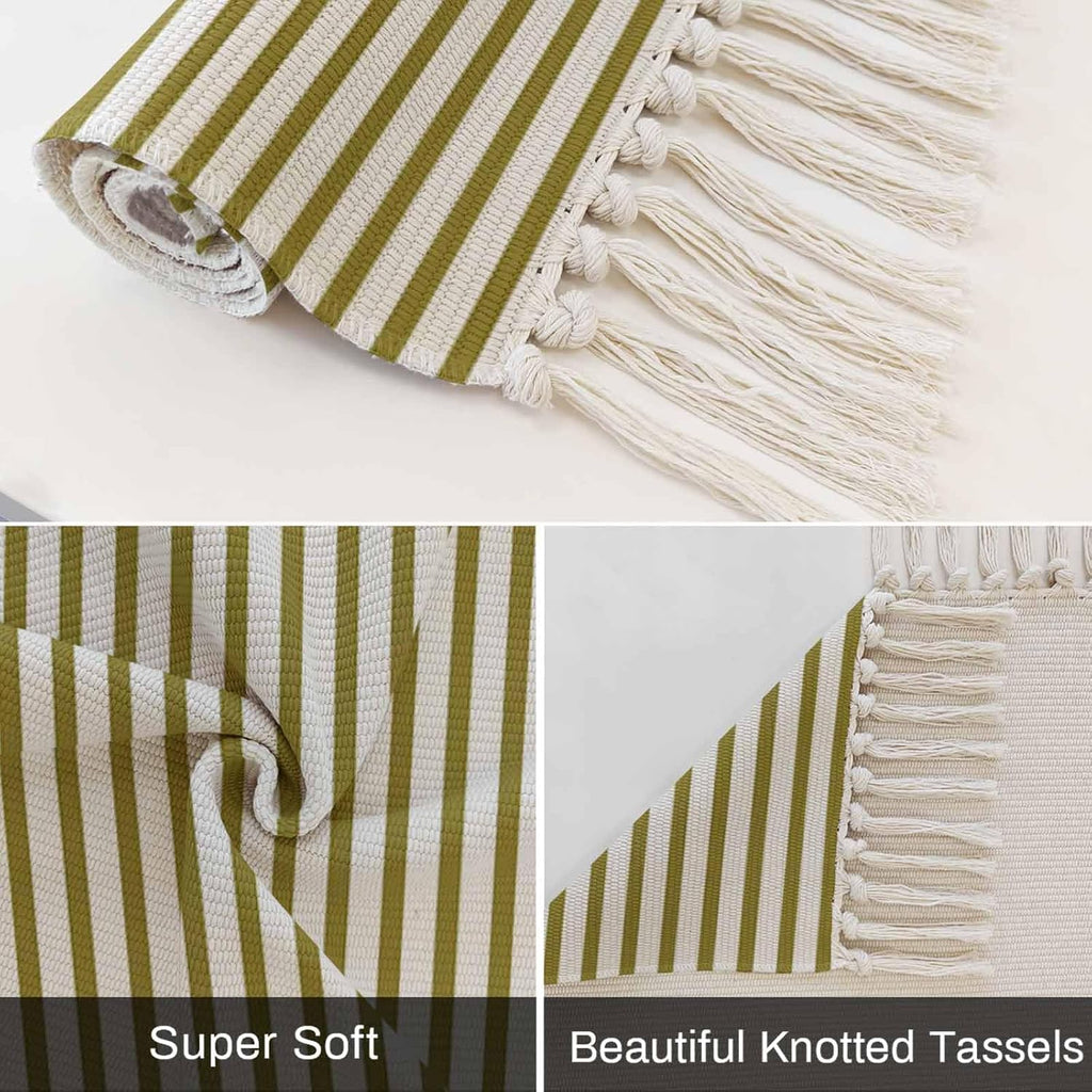 Minimalist Yellow Mustard Striped Runner Rug with Tassel Modern Art Vertical Line Print Entryway Rugs Washable