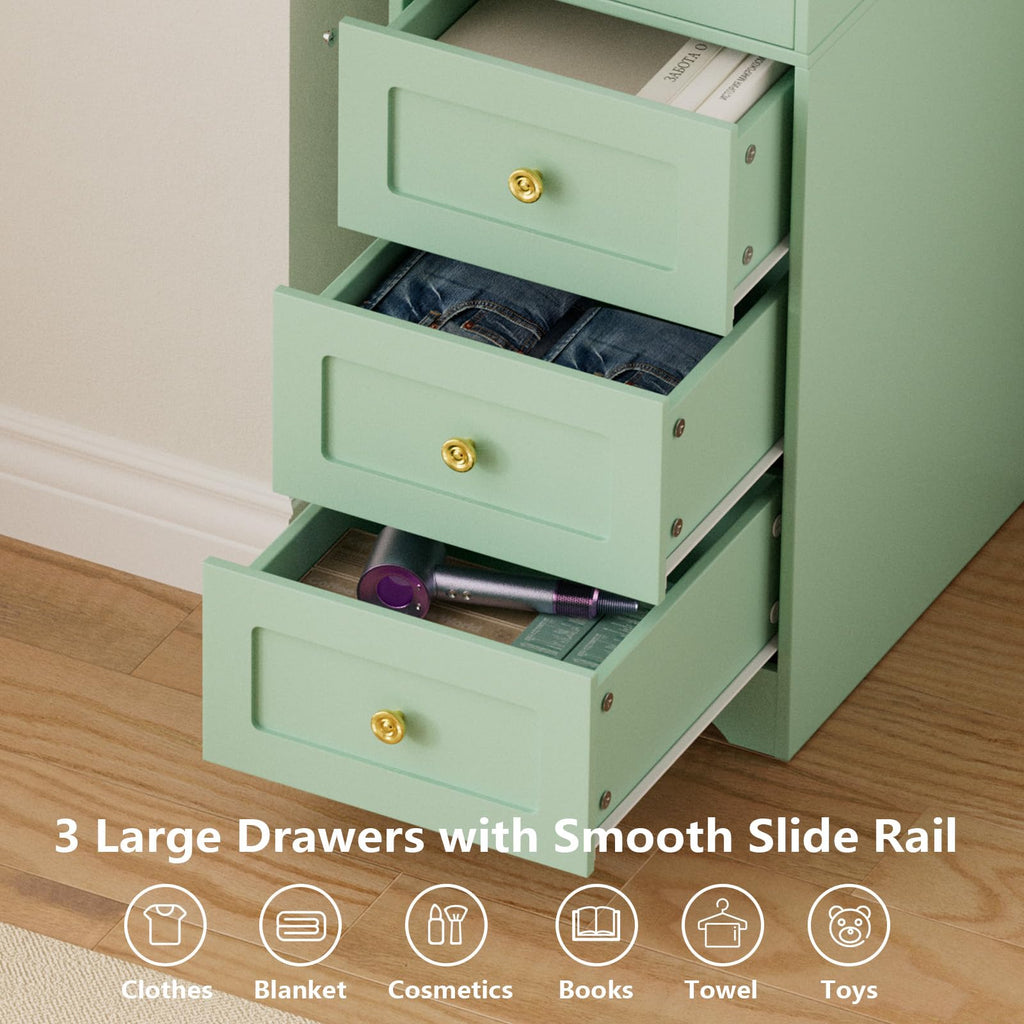 Armoire Wardrobe Closet, 69.5" H Wood Bedroom Armoires Cabinet with Mirror Door and 3 Drawers, Green Clothing Storage
