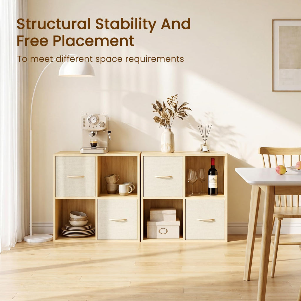 4 Cube Storage Organizer - Solid Wood Bookshelf with 2 Storage Bins, Cube Shelf with 2 Removable Back Panels