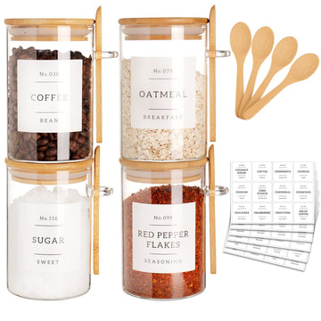 Glass Jar with Bamboo Lid and Spoon - 4 Pcs 17 oz Sugar Container with 132 Food Pantry Labels - Glass Containers with
