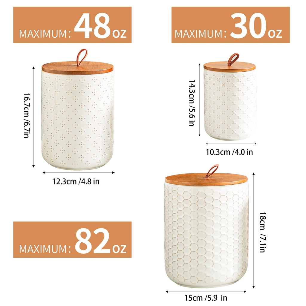 White Embossed Ceramic Canister 3 Piece with Airtight Bamboo Lid