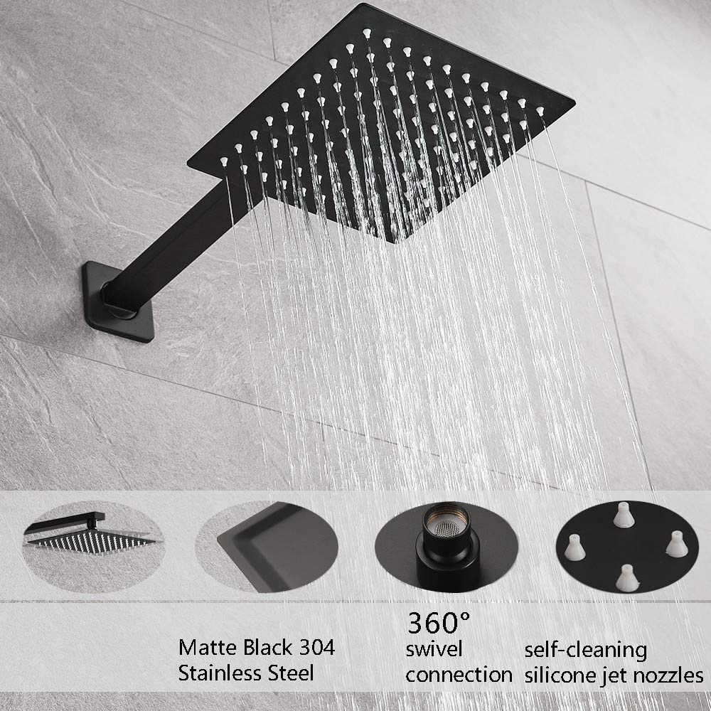 Matte Black Shower Faucet Set, Single Function Shower Trim Kit with Rough-in Valve, Square Rain Shower Head System