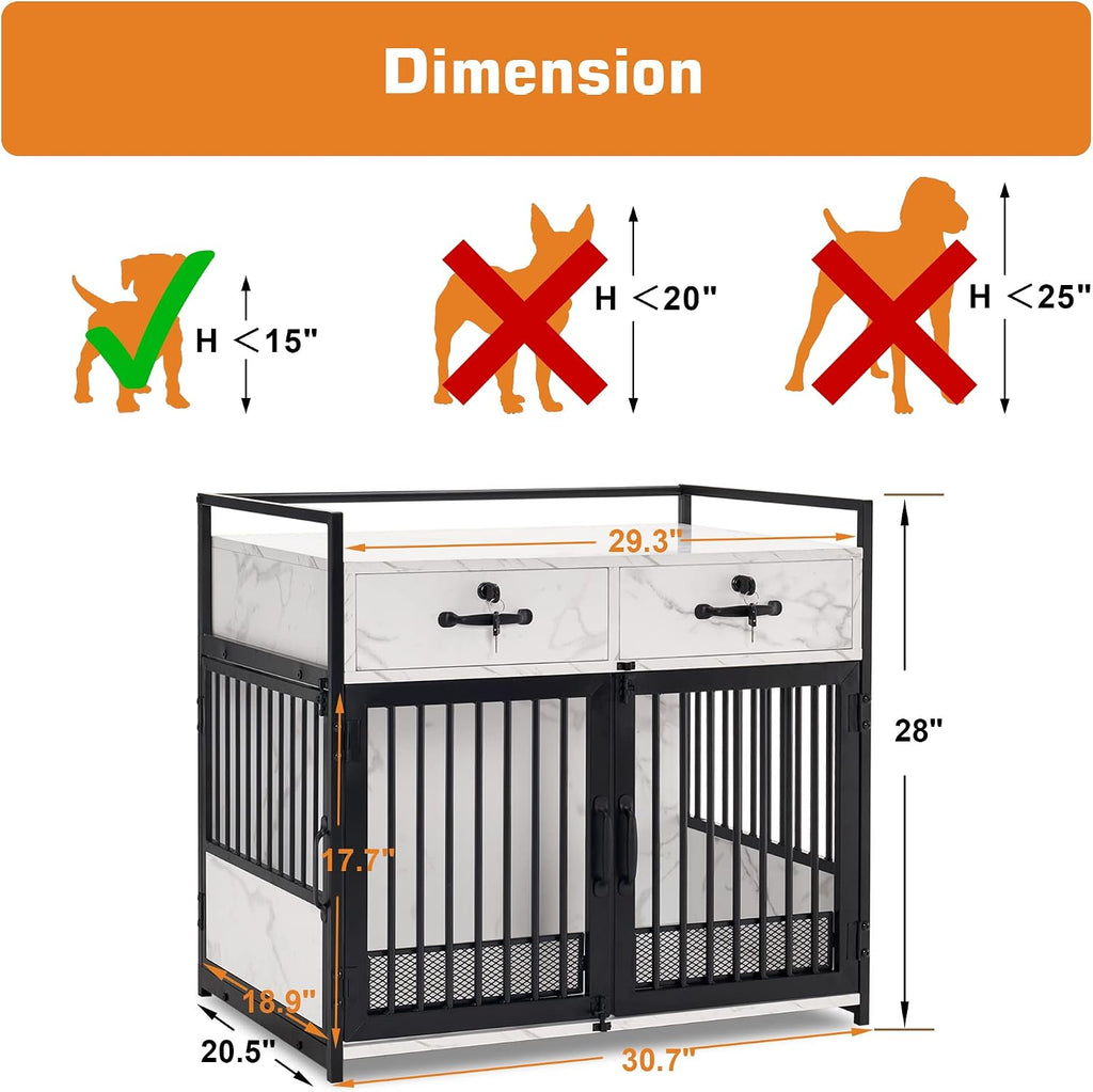 30" Furniture Style Dog Crate, Wooden Pet Crate End Table, Double Doors Kennel with Storage Drawers, 0649 (White)
