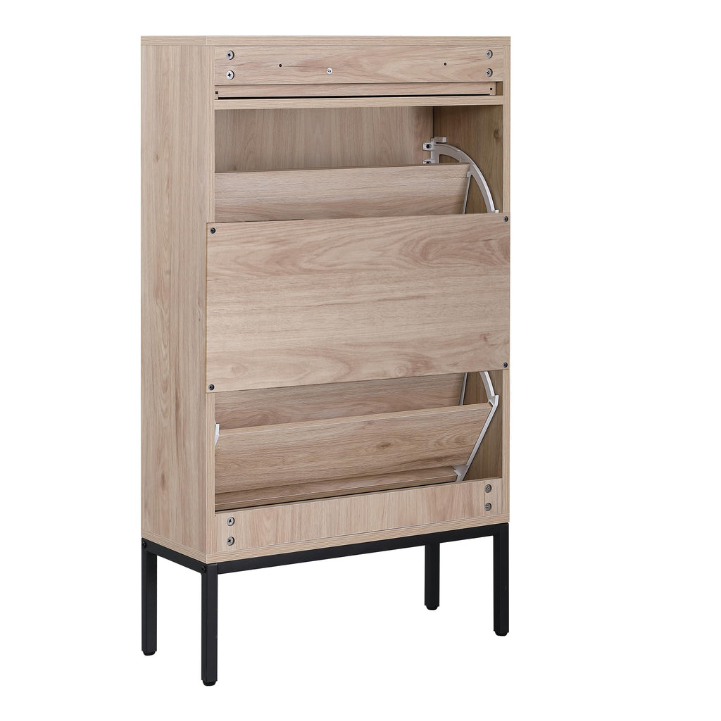 Shoe Cabinet, Natural Semi Circle Rattan Shoe Storage Organizer Cabinet with 2 Flip Drawers, Freestanding Shoe Rack