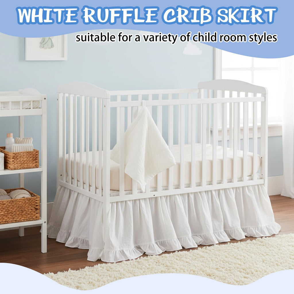 White Crib Skirt for Baby Girls Boys, 100% Washed Cotton Bed Skirt