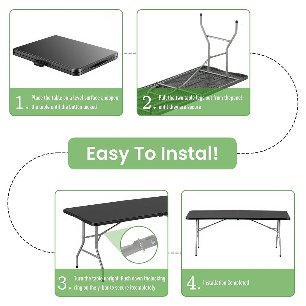 5 Pack 6FT Black Plastic Folding Tables, Fold-in-Half
