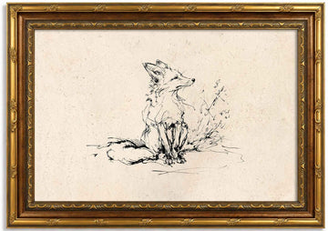Vintage Fox Canvas Wall Art, Gold Framed Fox Sketch Print