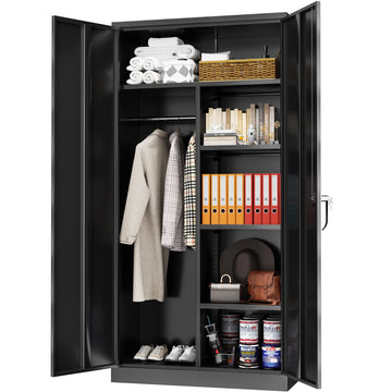 Metal Storage Wardrobe with 2 Doors, Black 72" Steel Storage Wardrobe Cabinet, Employees Locker Closet Clothing Coat