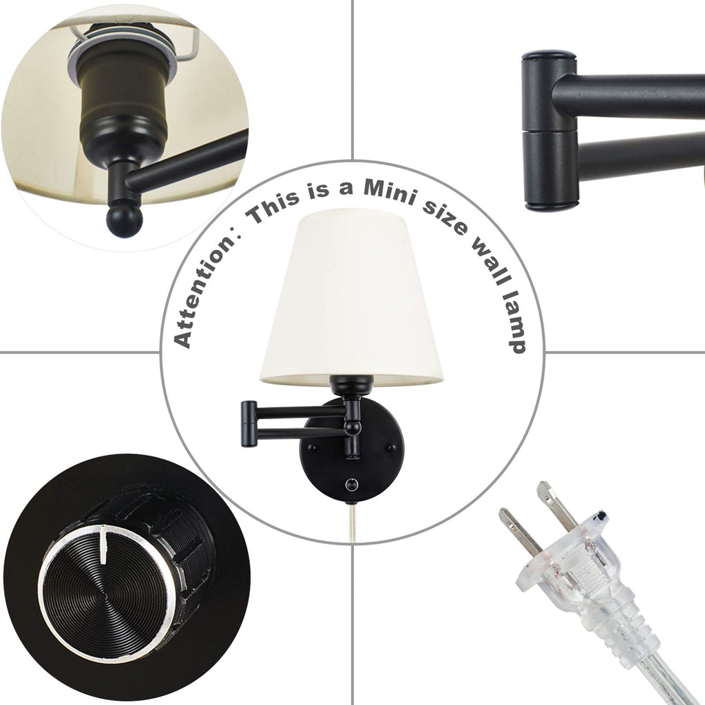 Swing Arm Wall Lamp Plug in Wall Mount Opaque Ivory Linen Shade 40W 2-Way Cord Covers(1 Light)