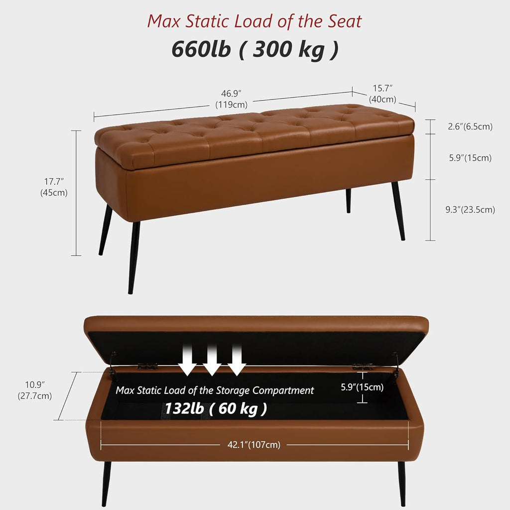 Leather Storage Ottoman Bench, End of Bed Bench with Steel Legs | Brown Leather Button Tufted Design | 660 lb