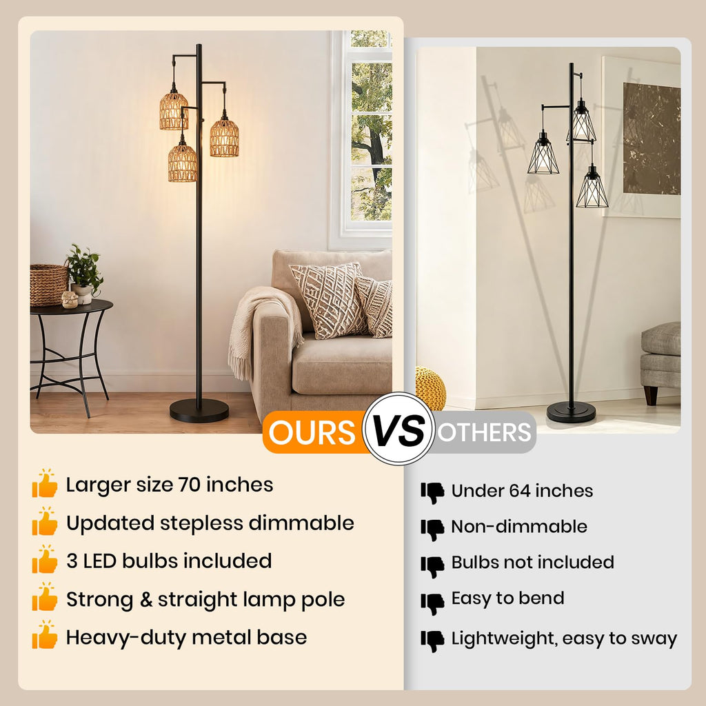70'' Tall Floor Lamp, 3-Light Rattan Standing Lamp, Black