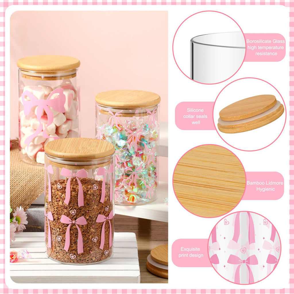 6 Pcs Valentines Day Pink Bow Glass Storage Jars with Airtight Lid 19 oz Pink Bow Decorative Canisters Sets Sugar