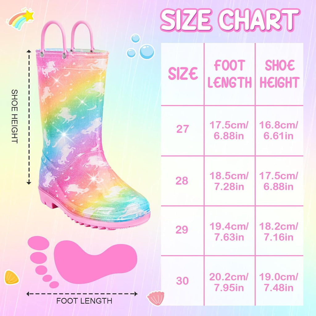Girls Rain Boots Kids Rain Boots Rainbow Unicorn Mermaid Rainboots Toddler Glitter Waterproof Lightweight Easy-on