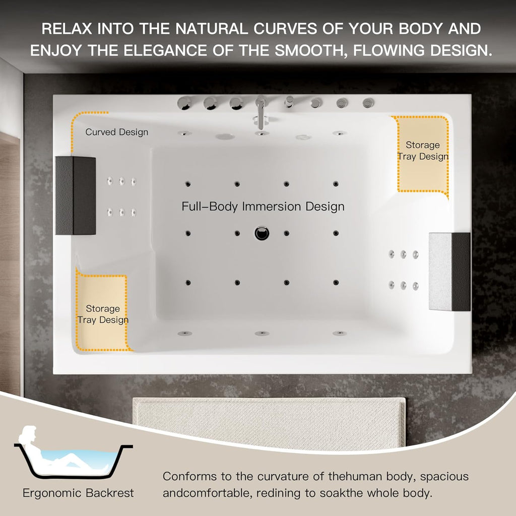 Whirlpool Bathtub - 71" x 47" 2 Person Jetted Massage Tub with 30 Jets (18 Water Jets+12 Air Jets) Rectangular Alcove