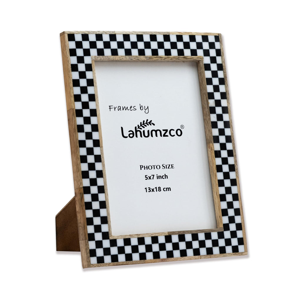 5x7 Handmade Photo Frame - Black & White Checkered Wood Pattern, Vintage Rustic Style, Tabletop/Wall Decor