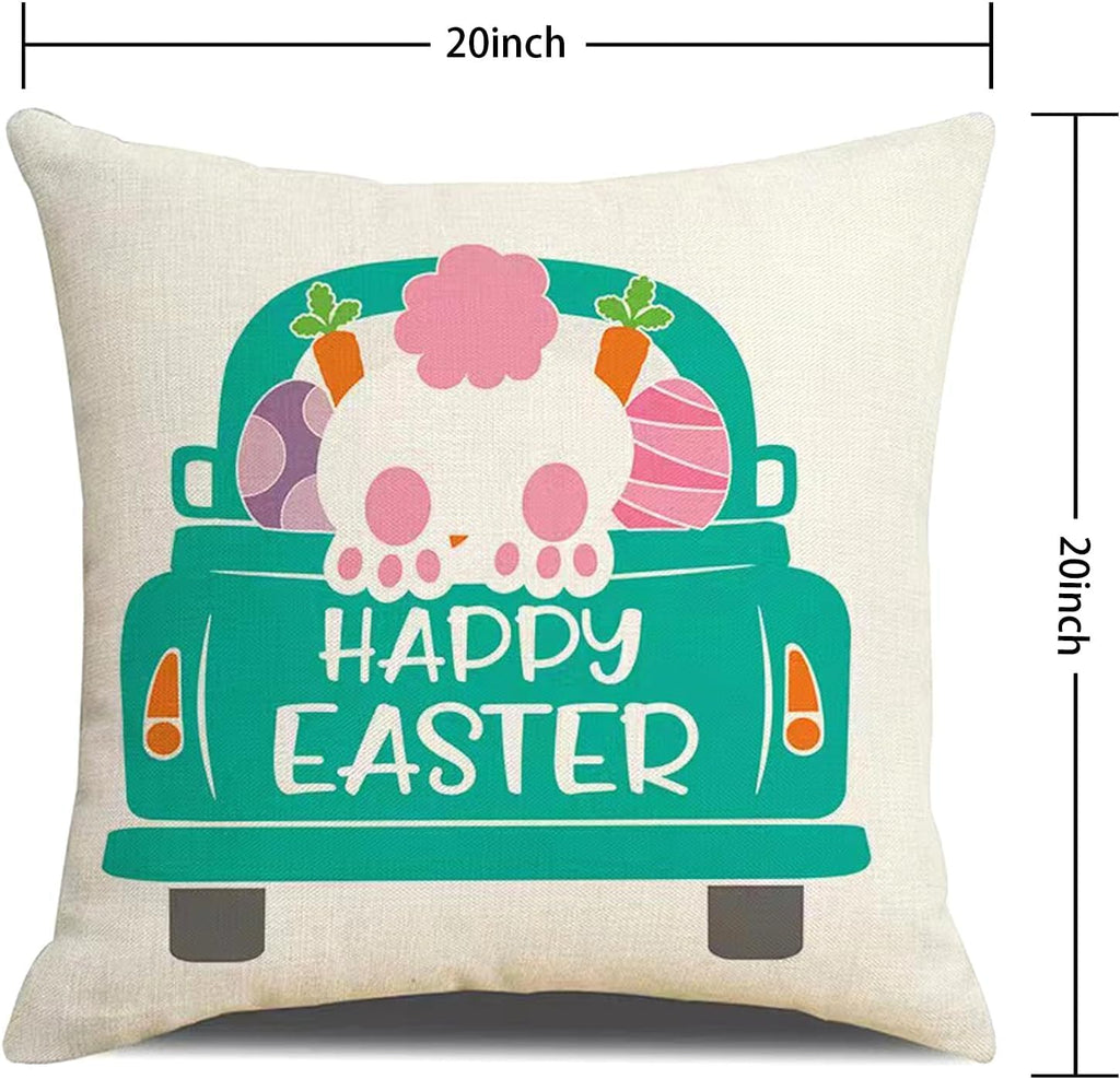 Easter Decor-Throw Pillow Covers 20x20in,Spring Linen Pillow Case with Bunny and Egg for Large Couch Sofa - Set of 4