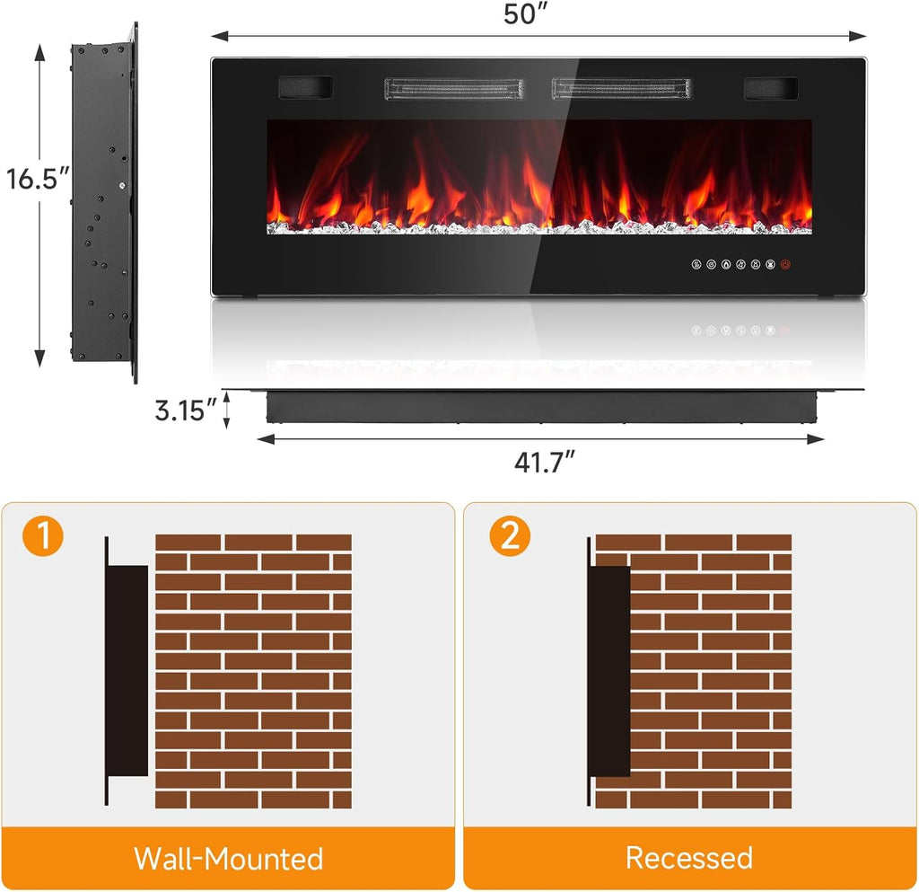 50” Electric Fireplace Insert, Ultra Slim Fireplace with 2 Heat Fans