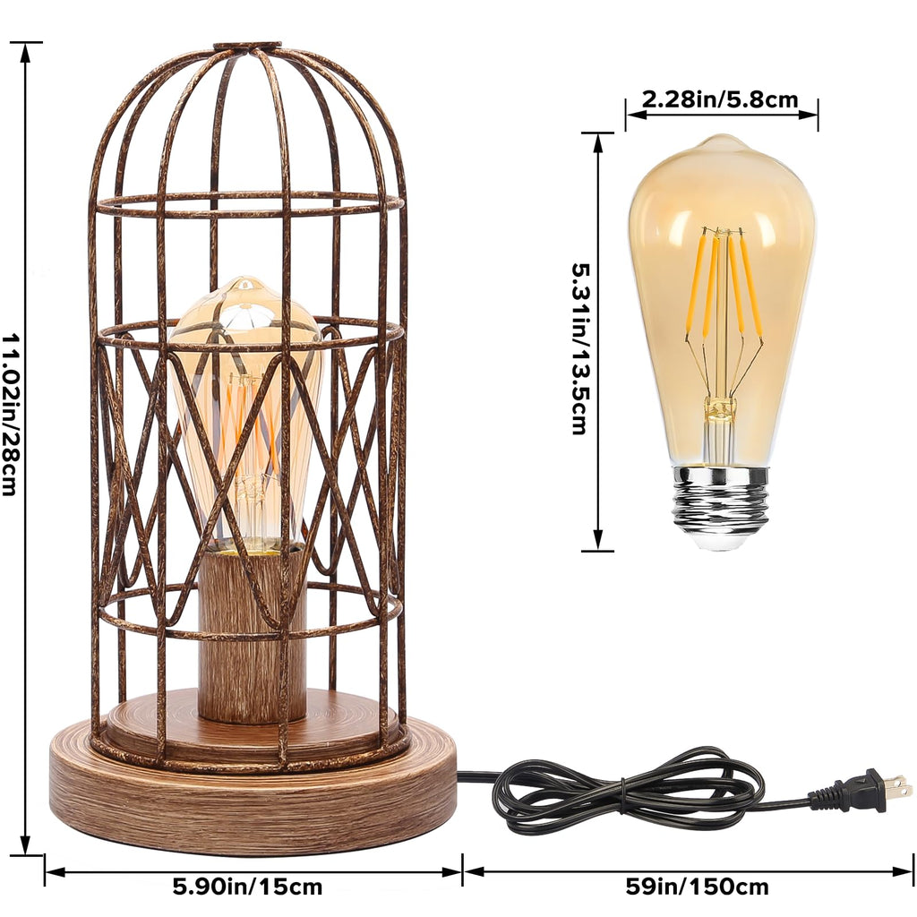 Touch Table Lamp, Industrial Desk Lamp with Rustic Wood Metal Cage Shade