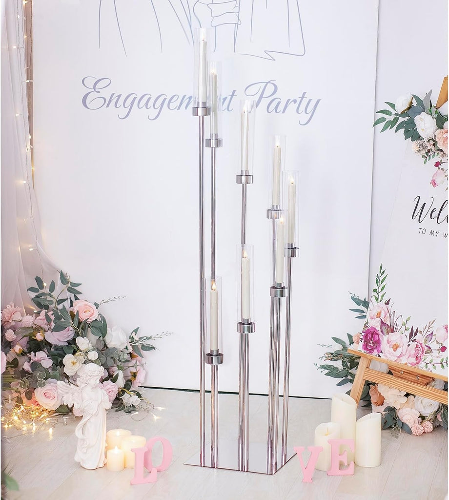 Floor Candelabra Wedding Centerpiece, 45.3'' Tall Floor Candle Holder Set, 8-arm Silver Metal Candlestick Holders