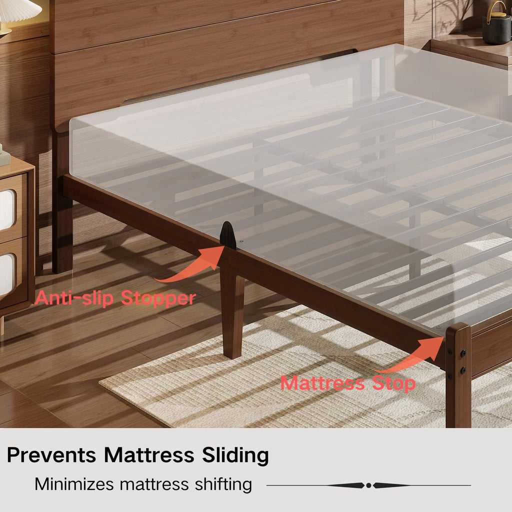 14" Solid Bamboo Wood King Size Bed Frames with Headboard, Brown