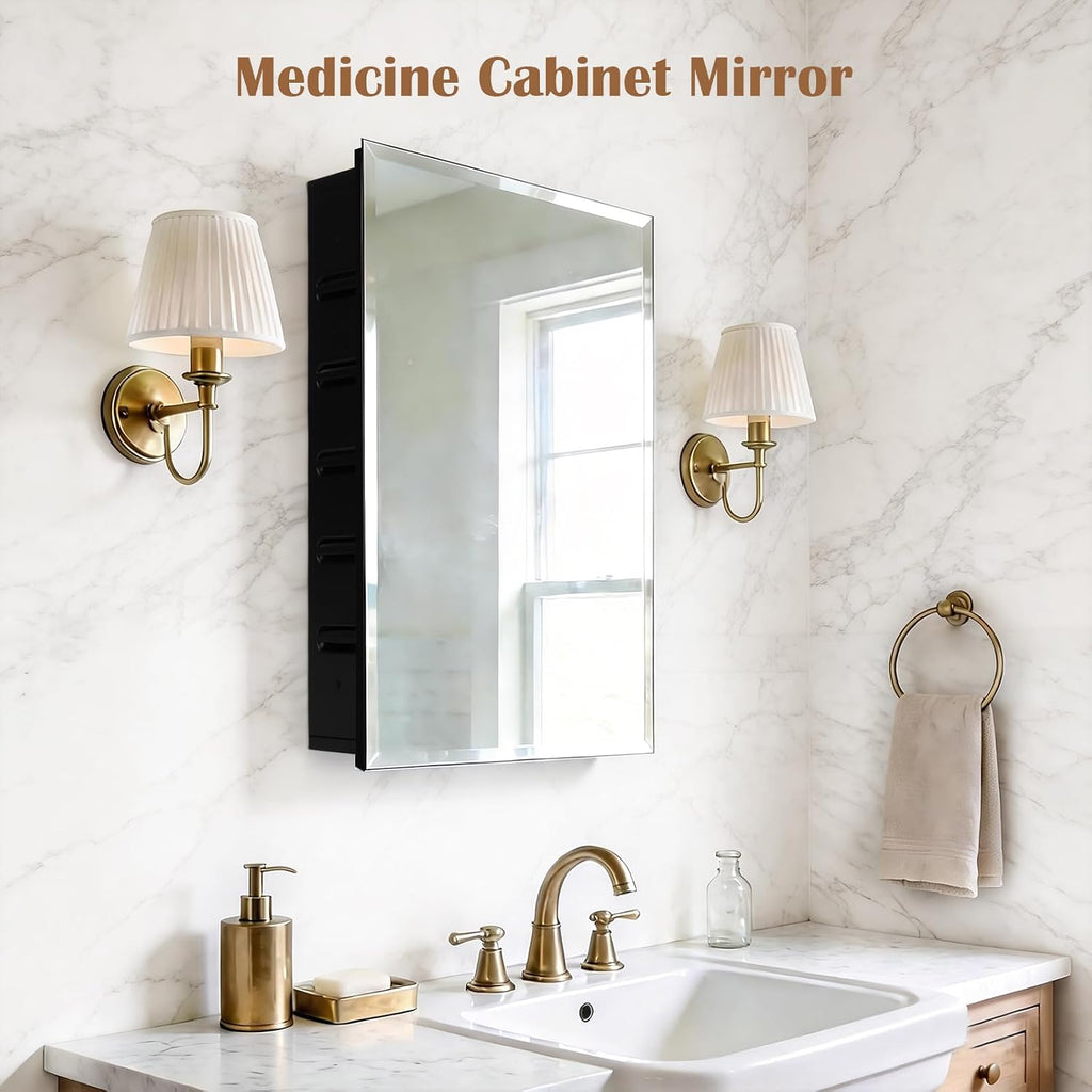 16x26'' Bathroom Medicine Cabinet Mirror with Storage, Surface Mount or Recessed Medicine Cabinet with 4-Tiered