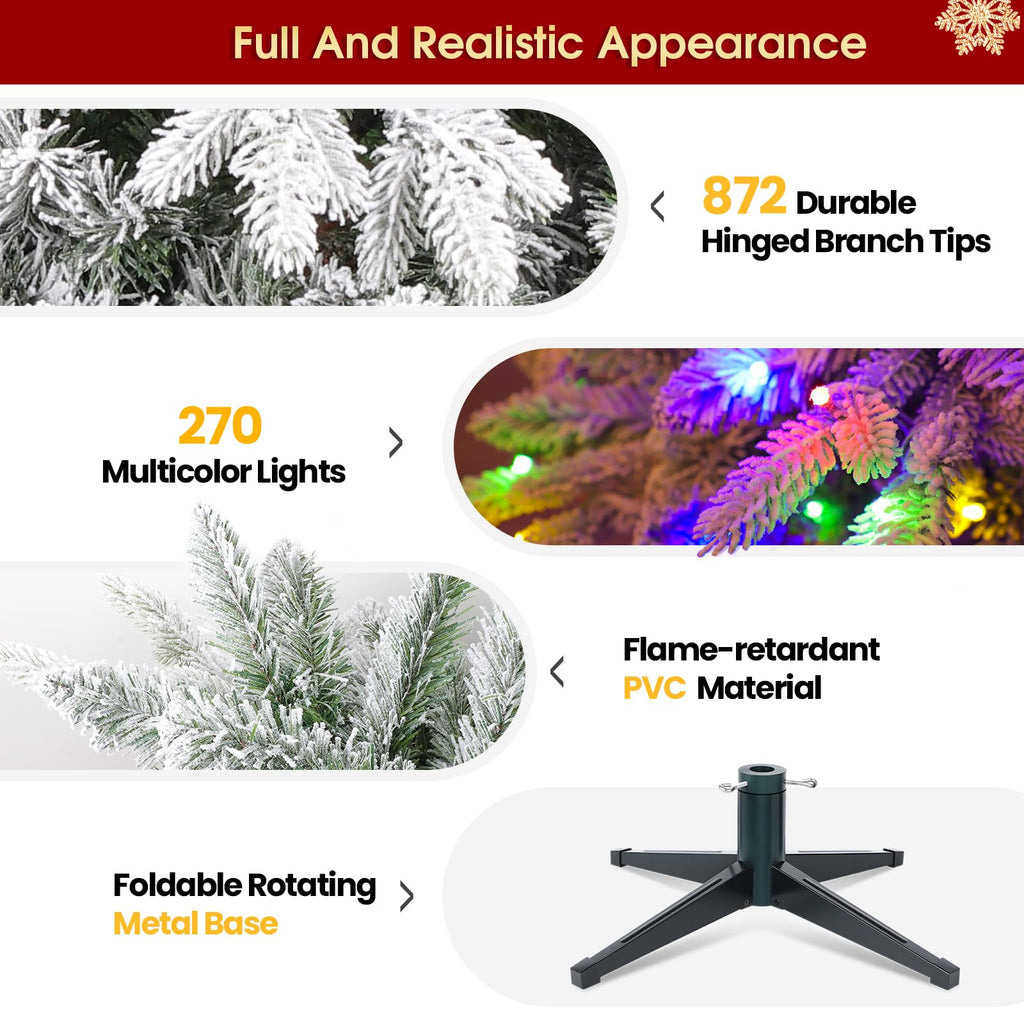 6.5ft Snow Flocked Pre-Lit Rotating Christmas Tree, Remote Control