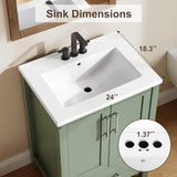 24" Light Green Freestanding Bathroom Vanity with Sink - Wooden Cabinet with Soft-Close Door