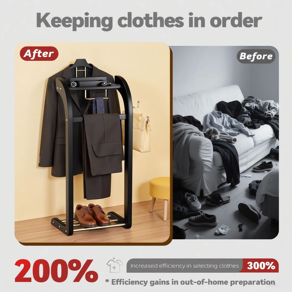 Suit Valet Stand for Men, Wood Mens Valet Stand (Black)