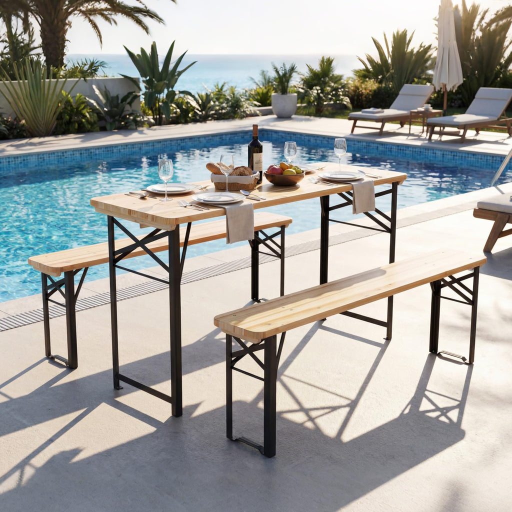 3 Piece Folding Picnic Table with 2 Benches, Foldable Wood Picnic Table Bench Set with Heavy-Duty Metal Frame for 4