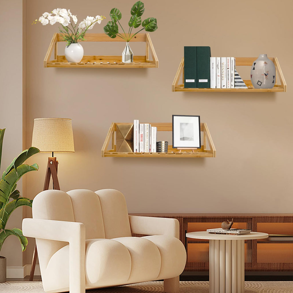 Floating Shelves Wall Mounted 3 Pcs Bamboo Wall Hanging Rack Holder