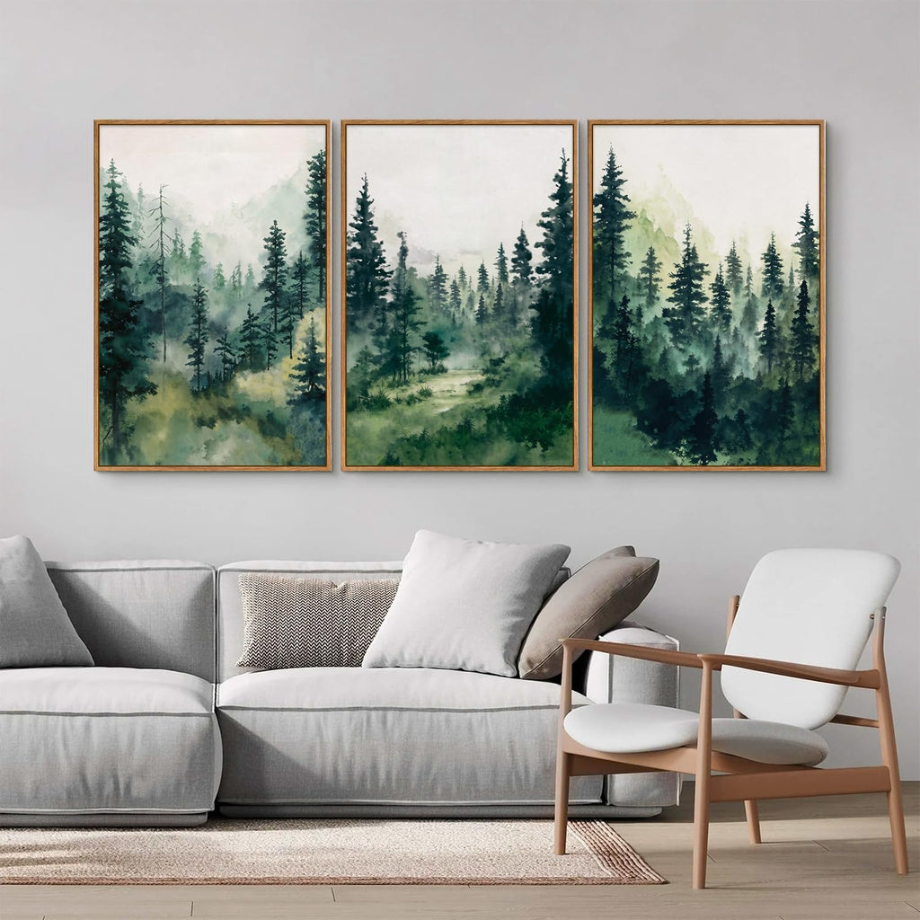 Watercolor Forest Framed Canvas Wall Art Set, Modern Pine Tree Wall Painting, Nature Foggy Landscape Wall Decor