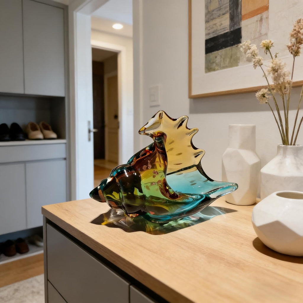 Hand Blown Glass Conch Shell Sculpture - Gift Home Décor Table Centerpiece