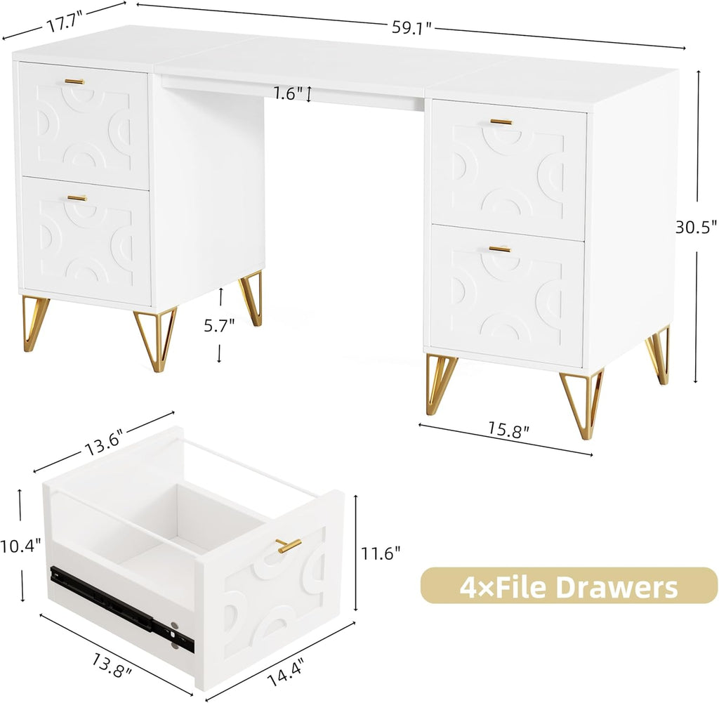 White and Gold Computer Desk, 59'' Modern Writing Table with File Drawers