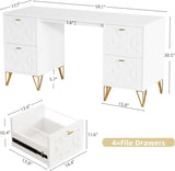White and Gold Computer Desk, 59'' Modern Writing Table with File Drawers