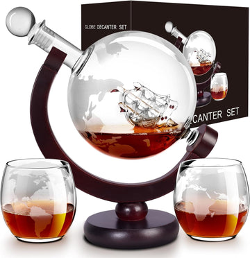Whiskey Decanter Sets for Men, Whiskey Decanter Globe Set, Gifts for Men Dad Valentines Day with 2 Etched Globe - Set of 3