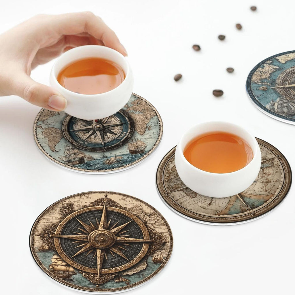 Nautical Compass Coasters for Drinks with Holder Round Leather Coasters Set of 6 Cups Mugs Mat Pad Kitchen Bar