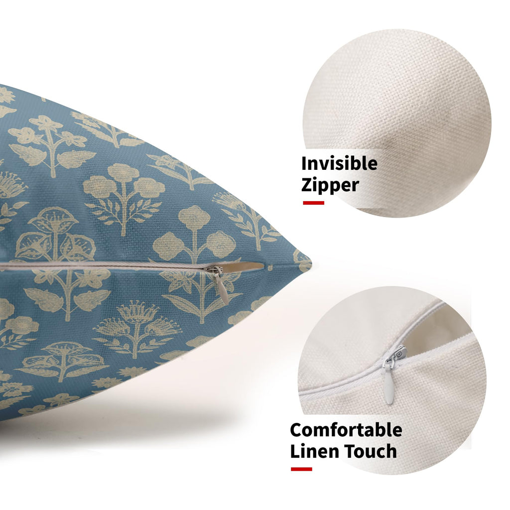Light Blue Pillow Covers 12x20 Inch Set of 2, Cream Floral Block Print Pattern Lumbar Decorative Throw Pillowcases