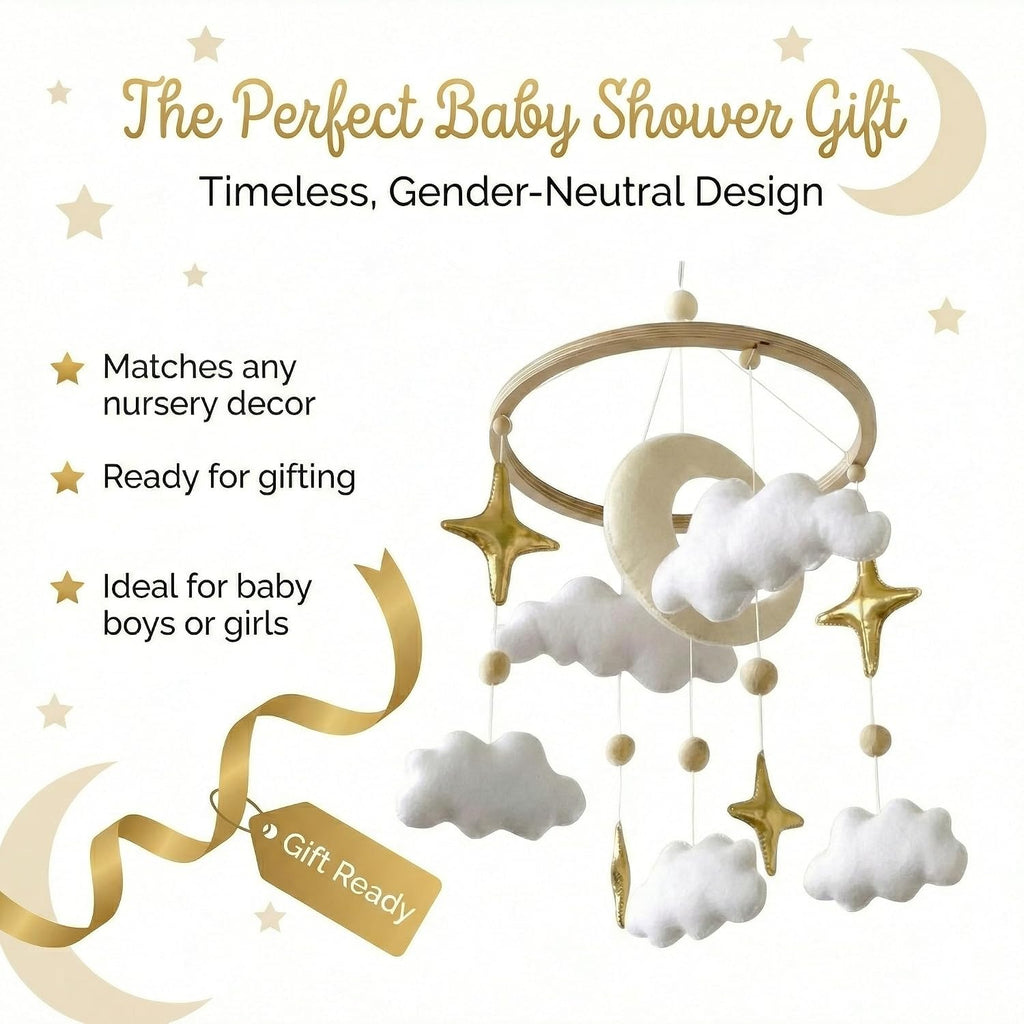 Baby Mobile for Crib - Nursery Decor, Gold Moon, Stars & Clouds